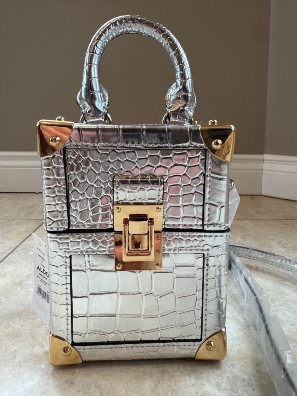 ALDO Metallic Silver Croc-Embossed Mini Box Bag with Gold Corners